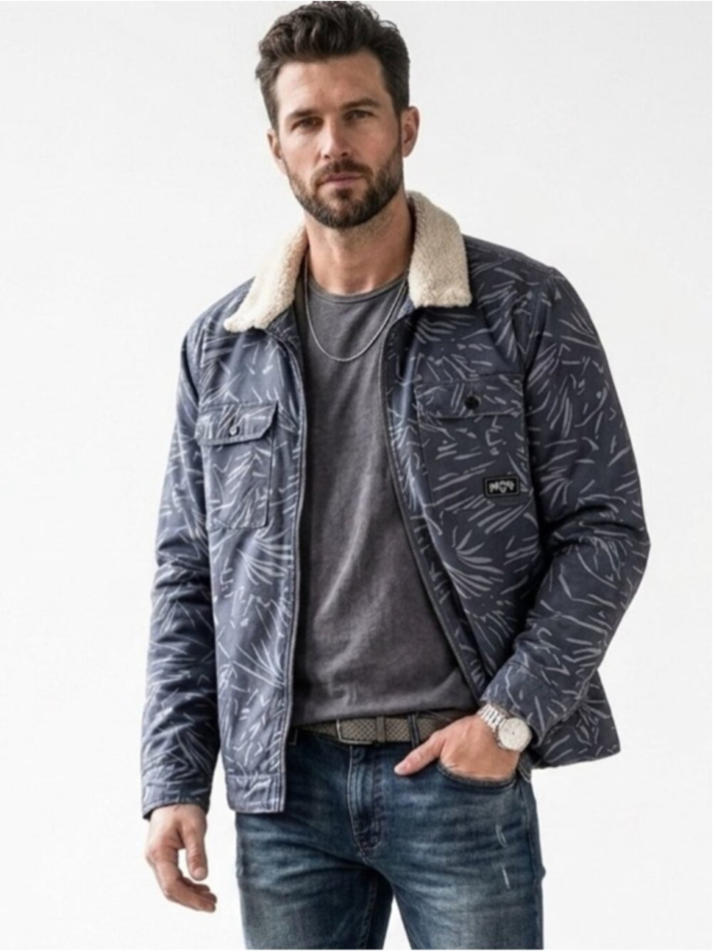 Billabong Xander Y2K Sherpa Jacket Blue Palm Print Streetwear Zip Size M 1857